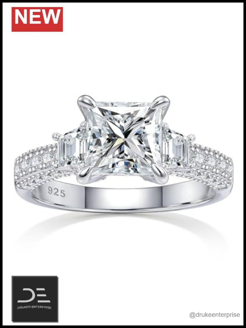 Moissanite Engagement Ring 925 Sterling Silver Princess Cut Solitaire